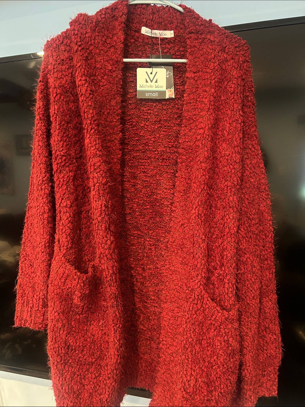 Michelle Mae Red Bouclé Open-Front Cardigan with Pockets